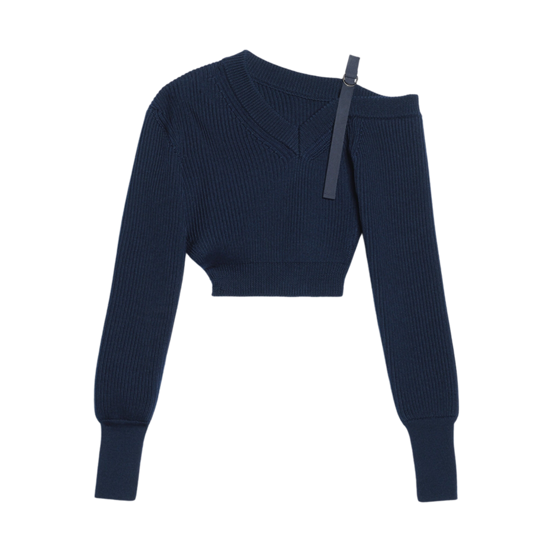 (W) 자크뮈스 라 마이유 세빌 어시메트릭 립드 풀오버 다크 네이비((W) Jacquemus La Maille Seville Asymmetric Ribbed Pullover Dark Navy) - 1