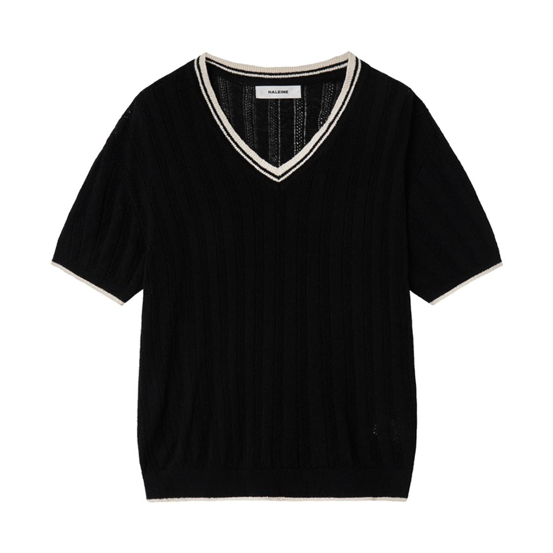 알렌느 콘트라스트 브이넥 부클 니트 블랙