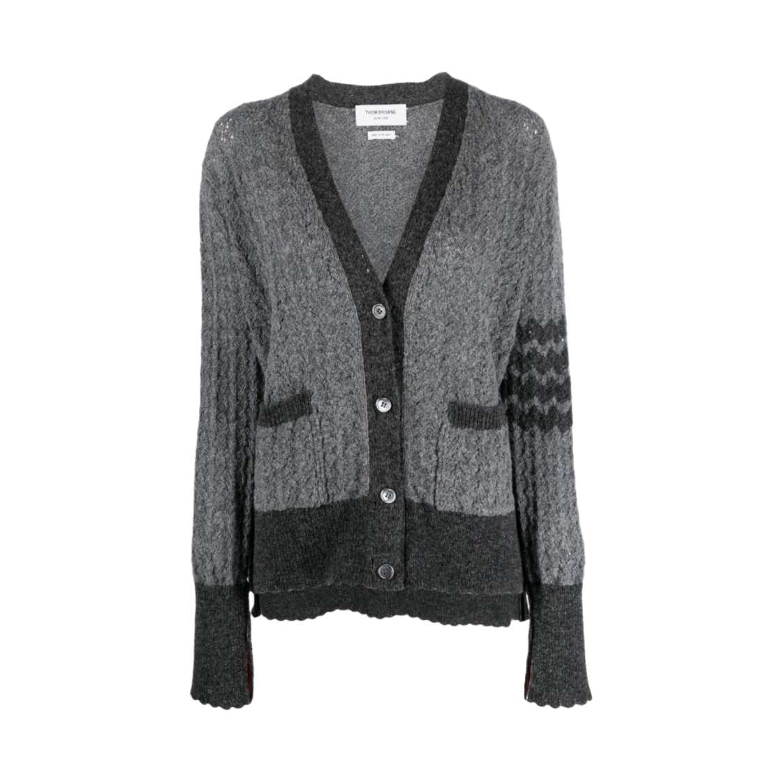 FKC533A-Y1026-035 (W) Thom Browne Shetland Cable Pointelle 4-Bar Cardigan Medium Grey