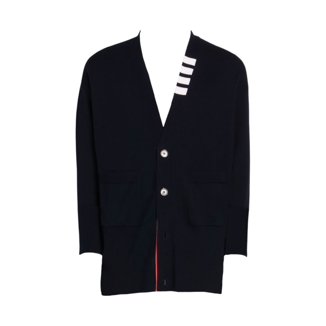 MKC335A-Y1002-415 Thom Browne Fine Merino Wool Jersey Stitch 4-Bar Oversized V-Neck Cardigan Navy