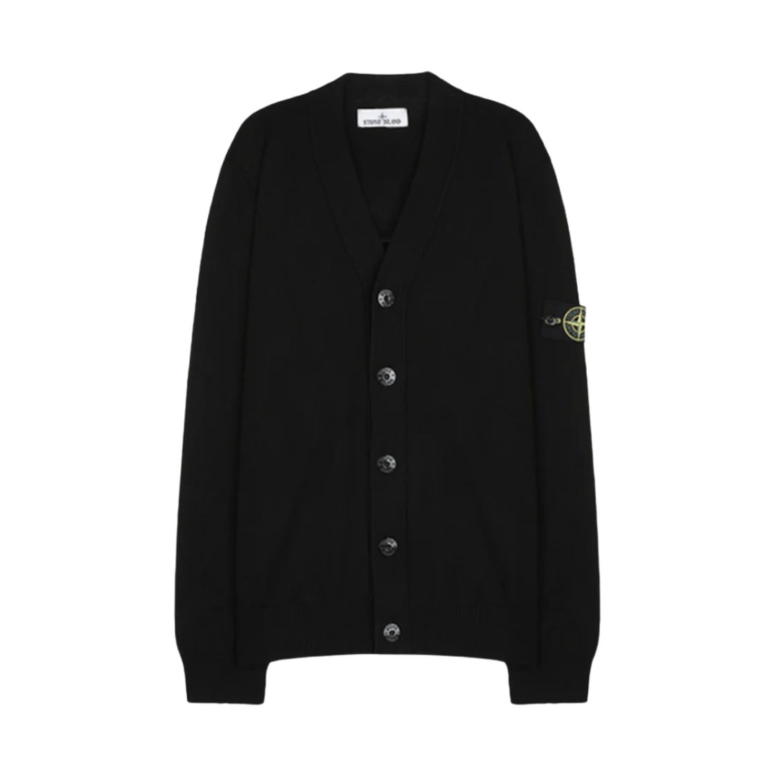 스톤 아일랜드 516B2 와펜 패치 브이넥 니트 가디건 블랙 - 24SS(Stone Island 516B2 Wappen Patch V-Neck Knit Cardigan Black - 24SS)
