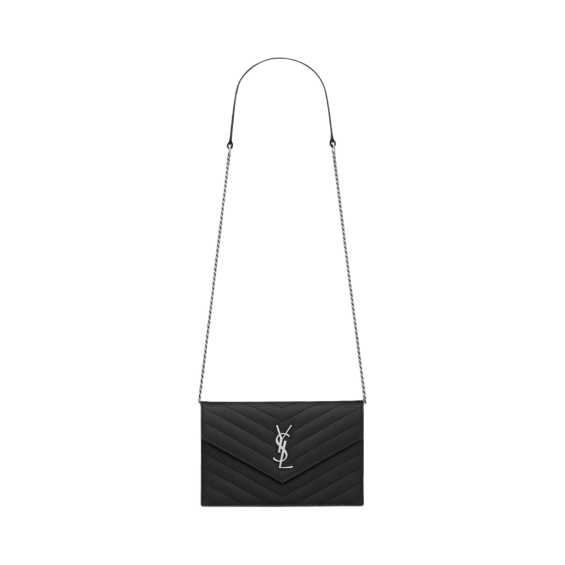 생로랑 그랑 드 뿌드르 엠보스드 레더 카산드라 마틀라세 엔벨로프 체인 지갑 블랙(Saint Laurent Cassandre Matelasse Envelope Chain Wallet in Grain De Poudre Embossed Leather Black)