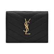 Saint Laurent Gold Monogram Card Case in Grain de Poudre Embossed Leather Black