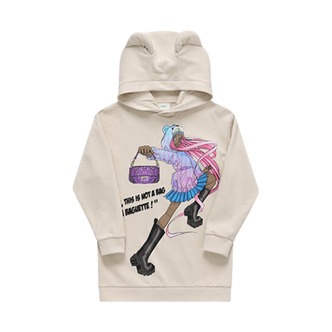 (키즈) 펜디 바게트백 캐릭터 로고 후드 드레스 베이지((Kids) Fendi Baguette Bag Character Logo Hooded Dress Beige) - 1