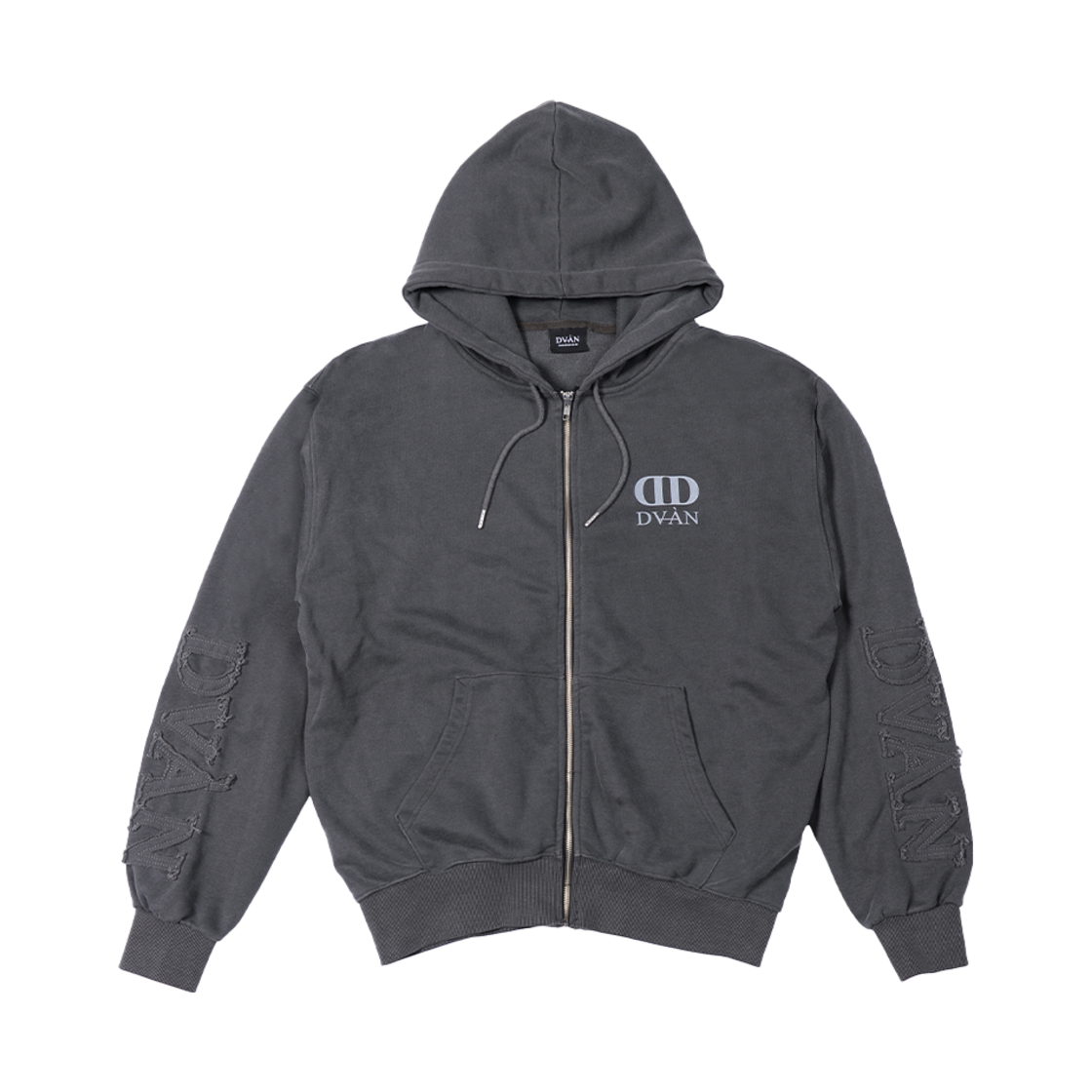 드반 데미지 피그먼트 후드 집업 차콜(DVAN Damaged Emb Pigment Hoodie Zip Up Charcoal)