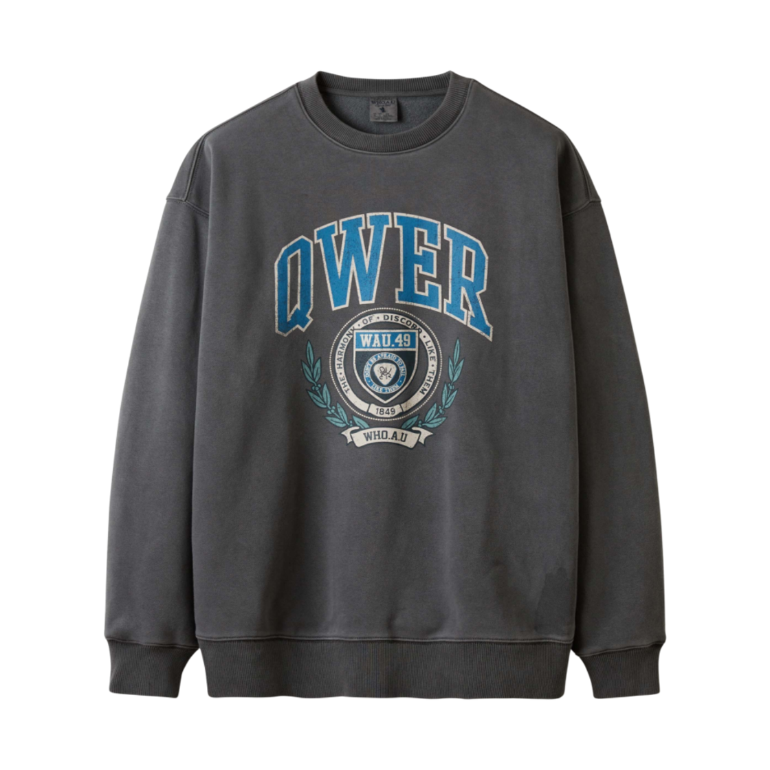 후아유 x QWER 시그니쳐 다이드 스웨트셔츠 다크 그레이(WHO.A.U x QWER Signature Dyed Sweatshirt Dark Grey)