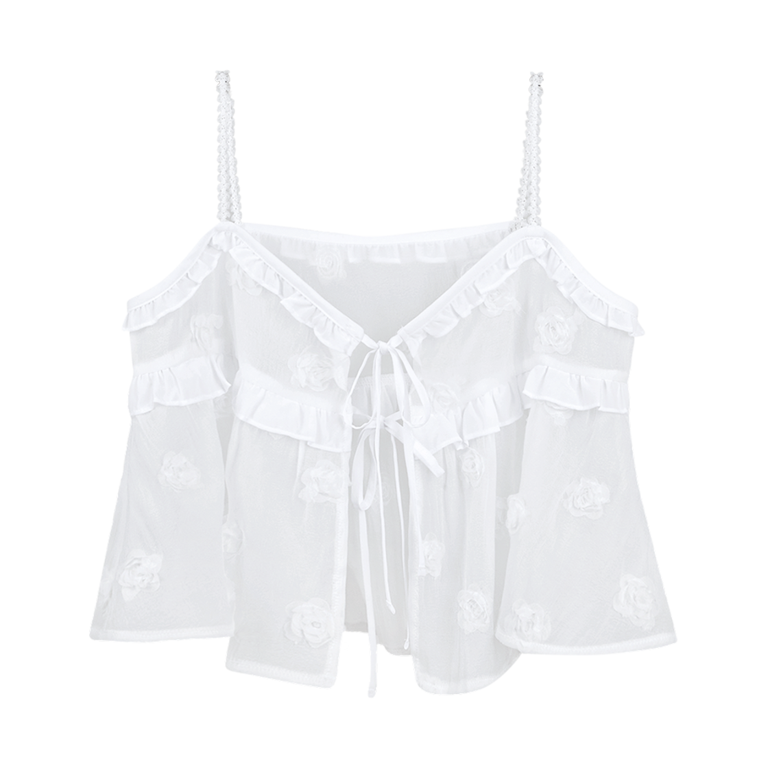 【MARGARIN FINGERS】24fw ROSE FRILL V-NECK TOP 24FW] ROSE FRILL V-NECK TOP (WHITE)_MARGARIN FINGERS - 코오롱몰