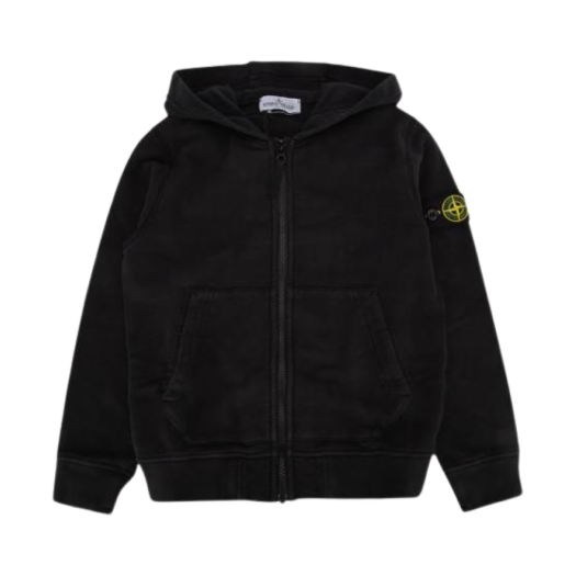 811660720-V0029 (Kids) Stone Island 60720 Garment Dyed Cotton Fleece Hooded Full Zip Sweatshirt Black - 24FW
