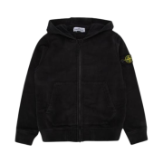 (Kids) Stone Island 60720 Garment Dyed Cotton Fleece Hooded Full Zip Sweatshirt Black - 24FW