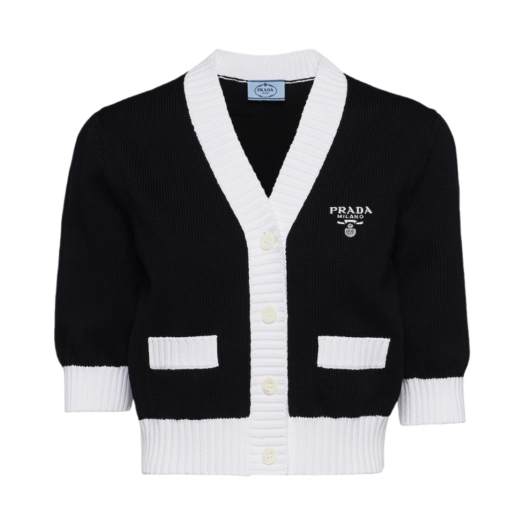 (W) Prada Cropped Cotton Cardigan Black White