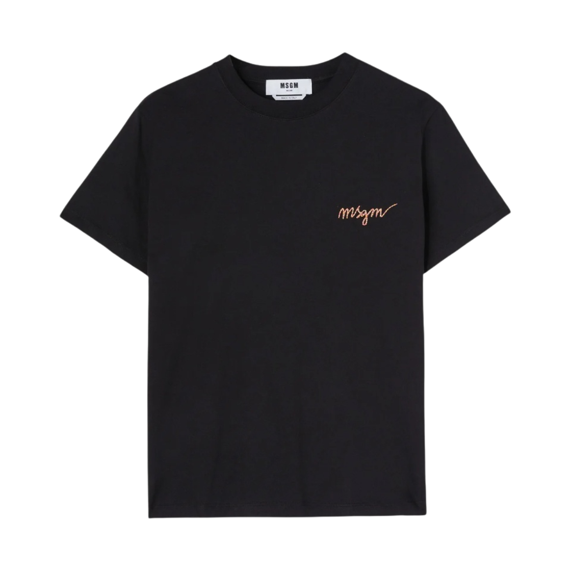 (W) 엠에스지엠 자수 로고 커시브 코튼 크루넥 티셔츠 멀티컬러 블랙((W) MSGM Cotton Crewneck T-Shirt with Multicolor Embroidered Logo in Cursive Black) - 1