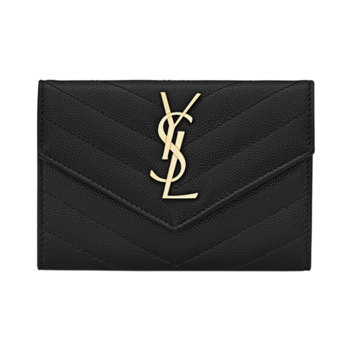 414404-BOW01-1000 Saint Laurent Cassandre Matelasse Small Envelope Wallet in Grain de Poudre Embossed Leather Black Gold