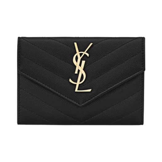 Saint Laurent Cassandre Matelasse Small Envelope Wallet in Grain de Poudre Embossed Leather Black Gold