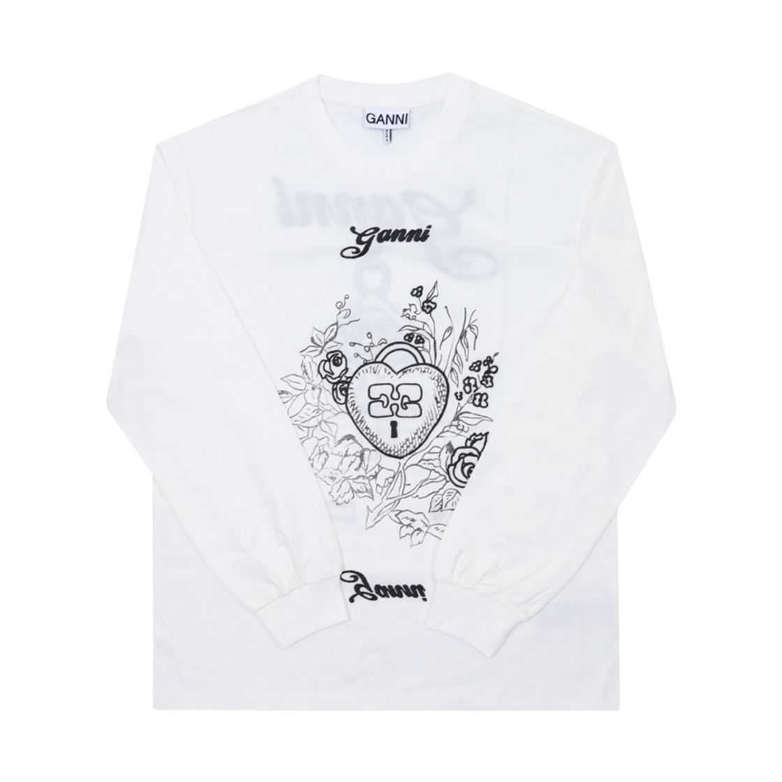 (W) 가니 그래픽 프린트 코튼 롱슬리브 티셔츠 에그렛((W) Ganni Graphic Print Cotton Long Sleeve T-Shirt Egret) - 1