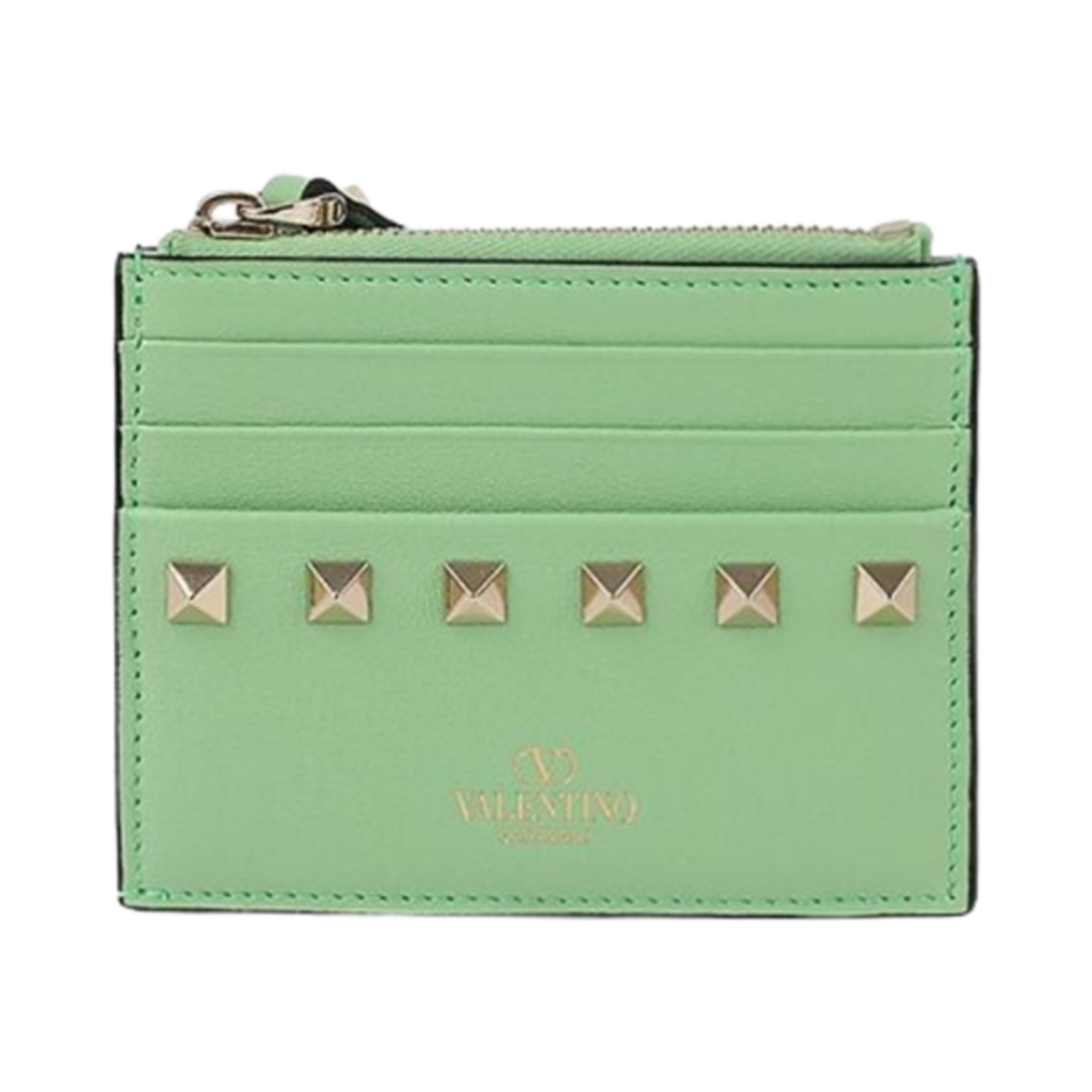 P0T35BOLYEG Valentino Rockstud Calfskin Card Holder with Zip Green