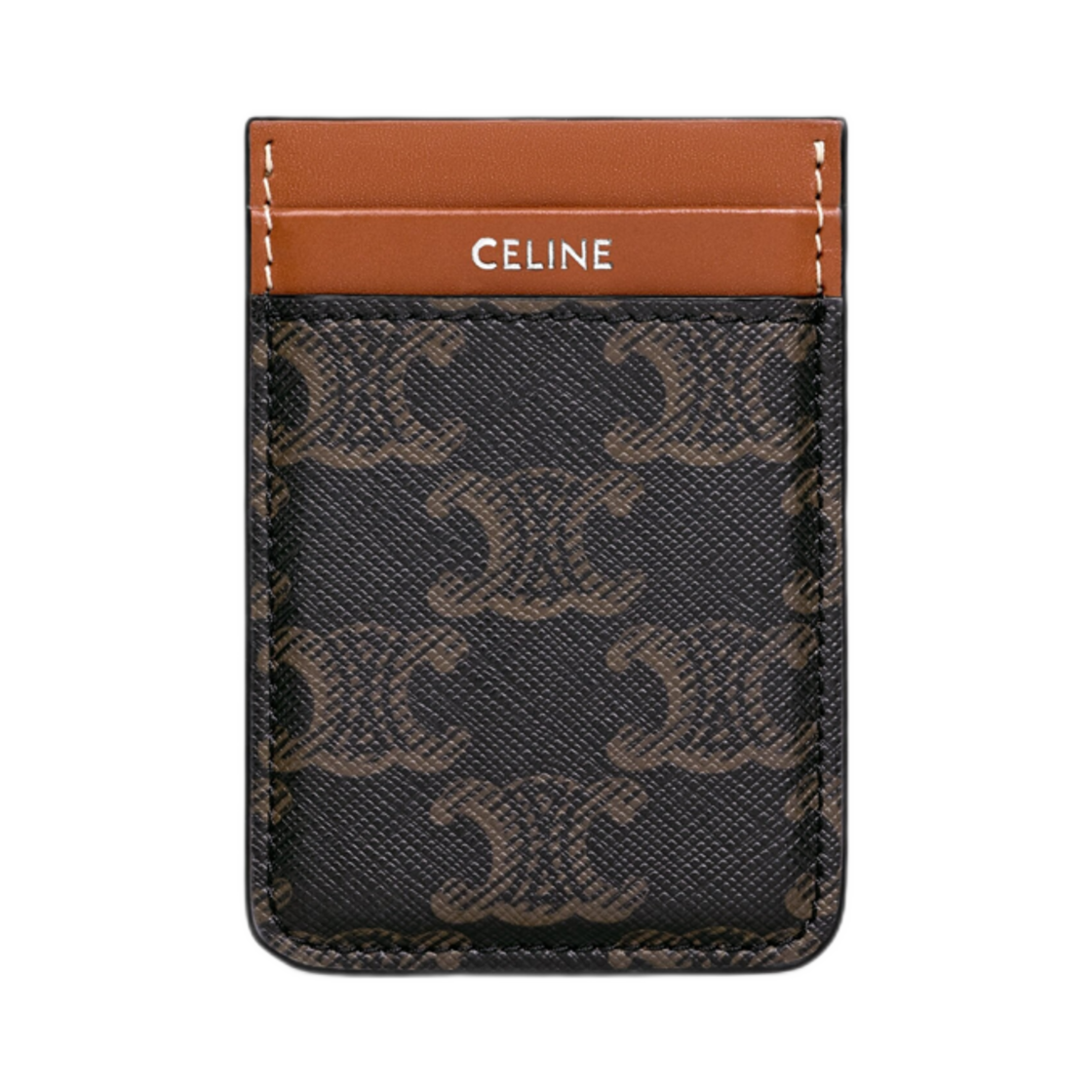 10N492EEN-04LI Celine Magnet Card Holder in Triomphe Canvas and Calfskin Tan