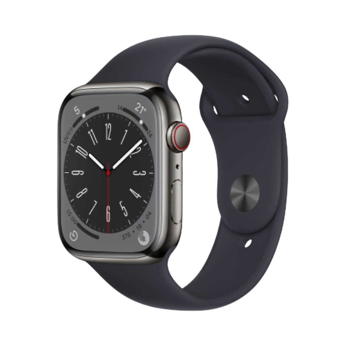 애플 워치 8 45mm 셀룰러 그래파이트 스테인리스 스틸 케이스 스포츠 밴드 미드나이트 (국내 정식 발매 제품)(Apple Watch Series 8 45mm Cellular Graphite Stainless Steel Case with Sport Band Midnight (Korean Ver.))