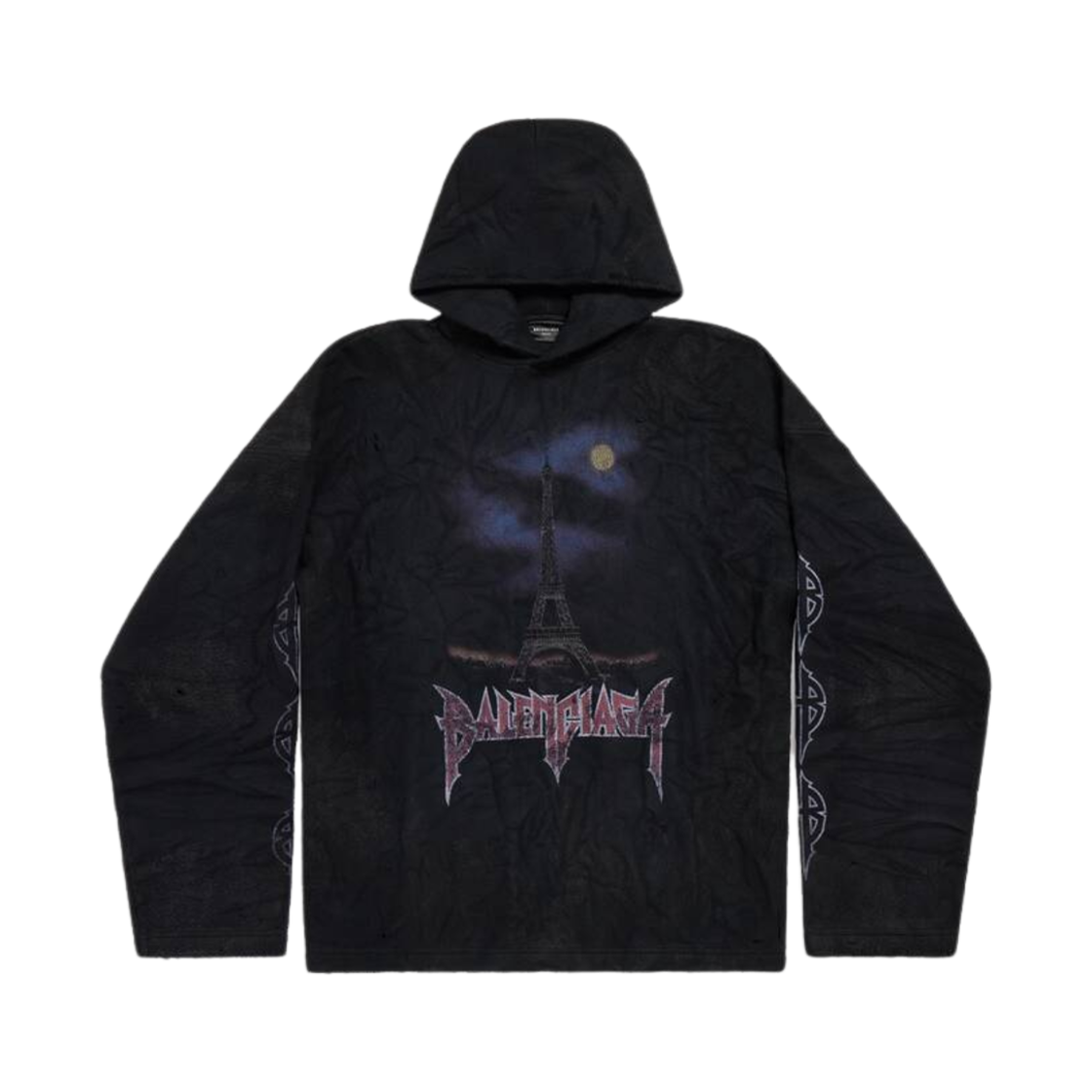 744435TOVJ41000 Balenciaga Paris Moon Crinkled Hoodie Large Fit Black