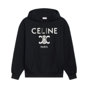 (W) Celine Loose Sweatshirt with Hood and Celine Paris Triomphe Print in Cotton Fleece Black White