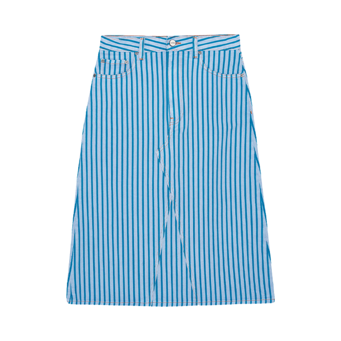 (W) 가니 리컷 스트라이프 데님 미디 스커트 실버 레이크 블루((W) Ganni Re-Cut Striped Denim Midi Skirt Silver Lake Blue)