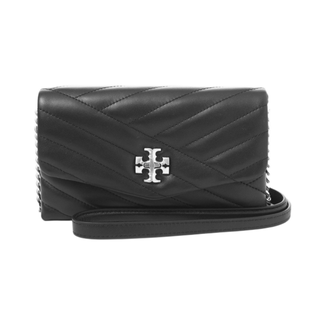 90343-002 Tory Burch Kira Chevron Chain Wallet Black Rolled Nickel