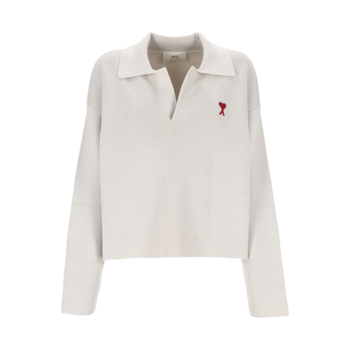 (W) 아미 스몰 하트 로고 롱 슬리브 니트 폴로 셔츠 초크((W) AMI de Coeur Long Sleeved Knitted Polo Shirt Chalk)