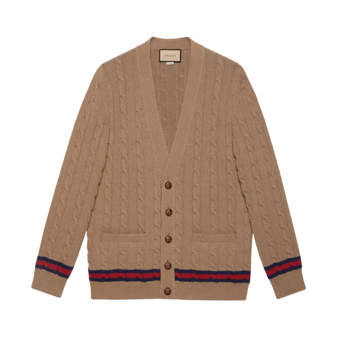 673487-XKB2N-8011 Gucci Cable Knit Cashmere Cardigan with Web Camel