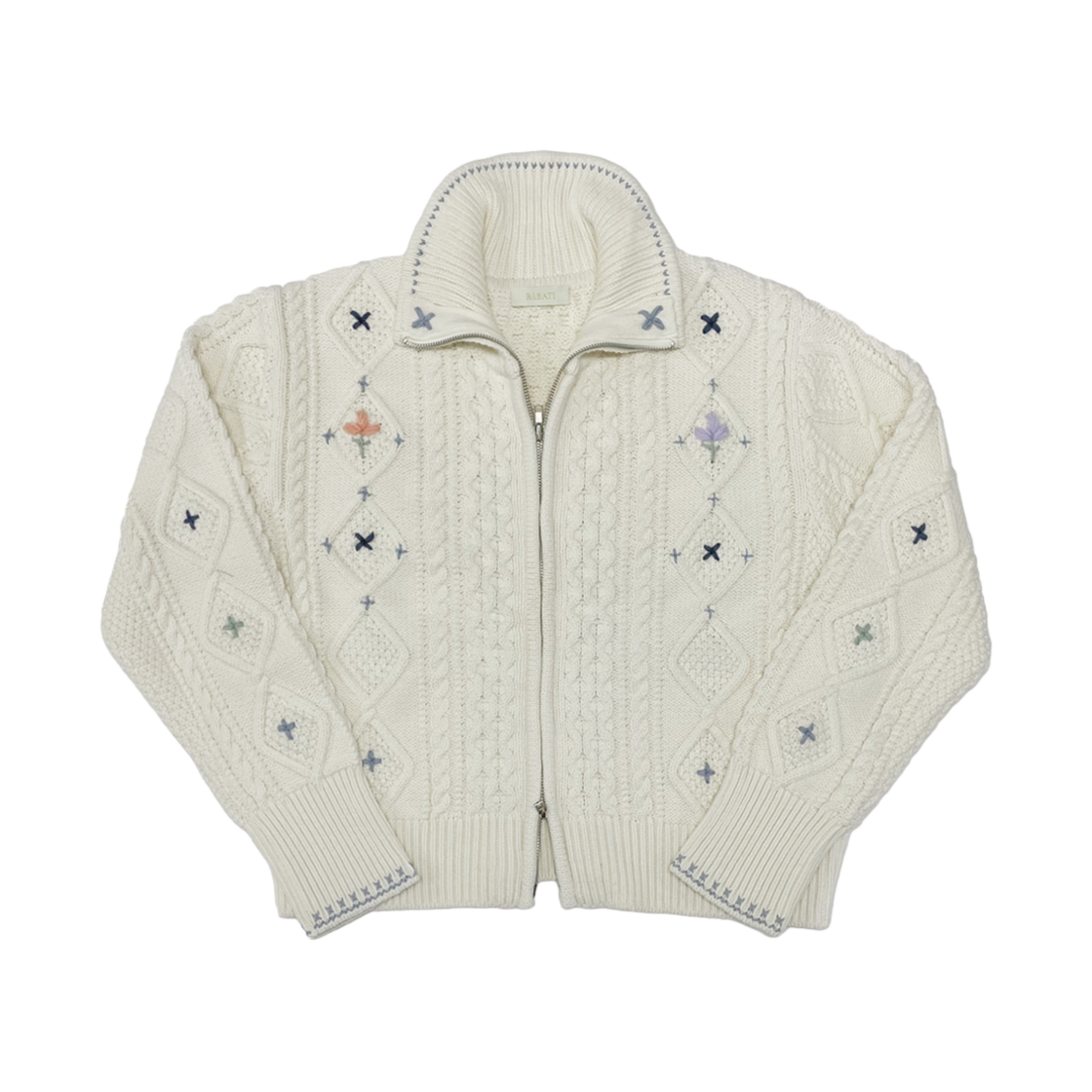 2024FWKNIT01_01 Rubati Alps Knit Zip-up Cardigan Flower Stitched by Hand Ivory