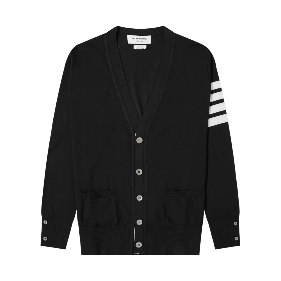 톰브라운 서스테이너블 파인 메리노 울 사선 클래식 가디건 블랙(Thom Browne Sustainable Fine Merino Wool 4-Bar Classic Cardigan Black)