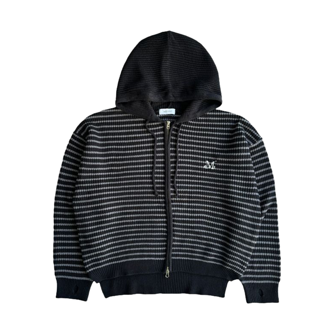 무센트 메이 오버핏 스트라이프 핸드워머 니트 후드 집업 블랙(MUCENT Mei Stripe Hand-Warmer Knit Zip-Up Black)