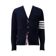 Thom Browne Milano Stitch Fine Merino Wool 4-Bar V-Neck Cardigan Navy