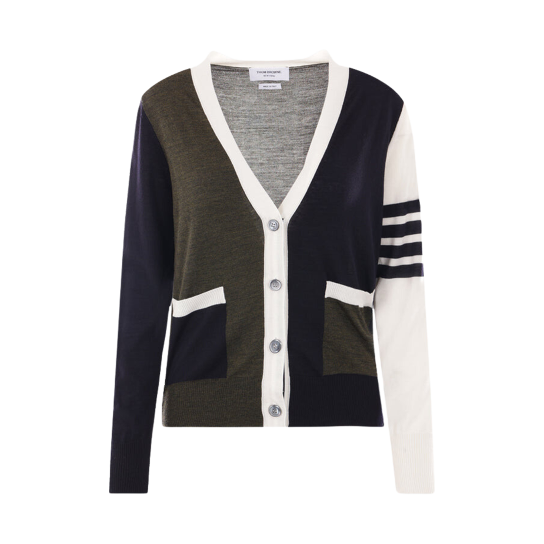 FKC334F-Y1014-301 (W) Thom Browne Fun-Mix Fine Merino 4-Bar Relaxed V-Neck Cardigan Multicolor