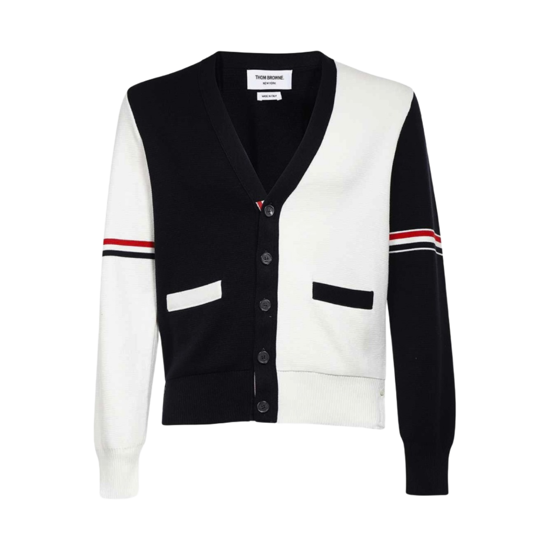 톰브라운 RWB 스트라이프 코튼 밀라노 스티치 브이넥 가디건 화이트(Thom Browne RWB Stripe Cotton Milano Stitch V-Neck Cardigan White)