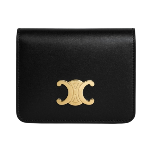 Celine Triomphe Compact Wallet in Shiny Calfskin Black