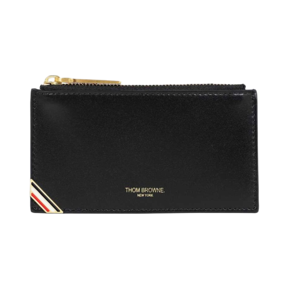 MAW246A-06549-001 Thom Browne Box Calf Leather RWB Enamel Corner Zipped Card Holder Black