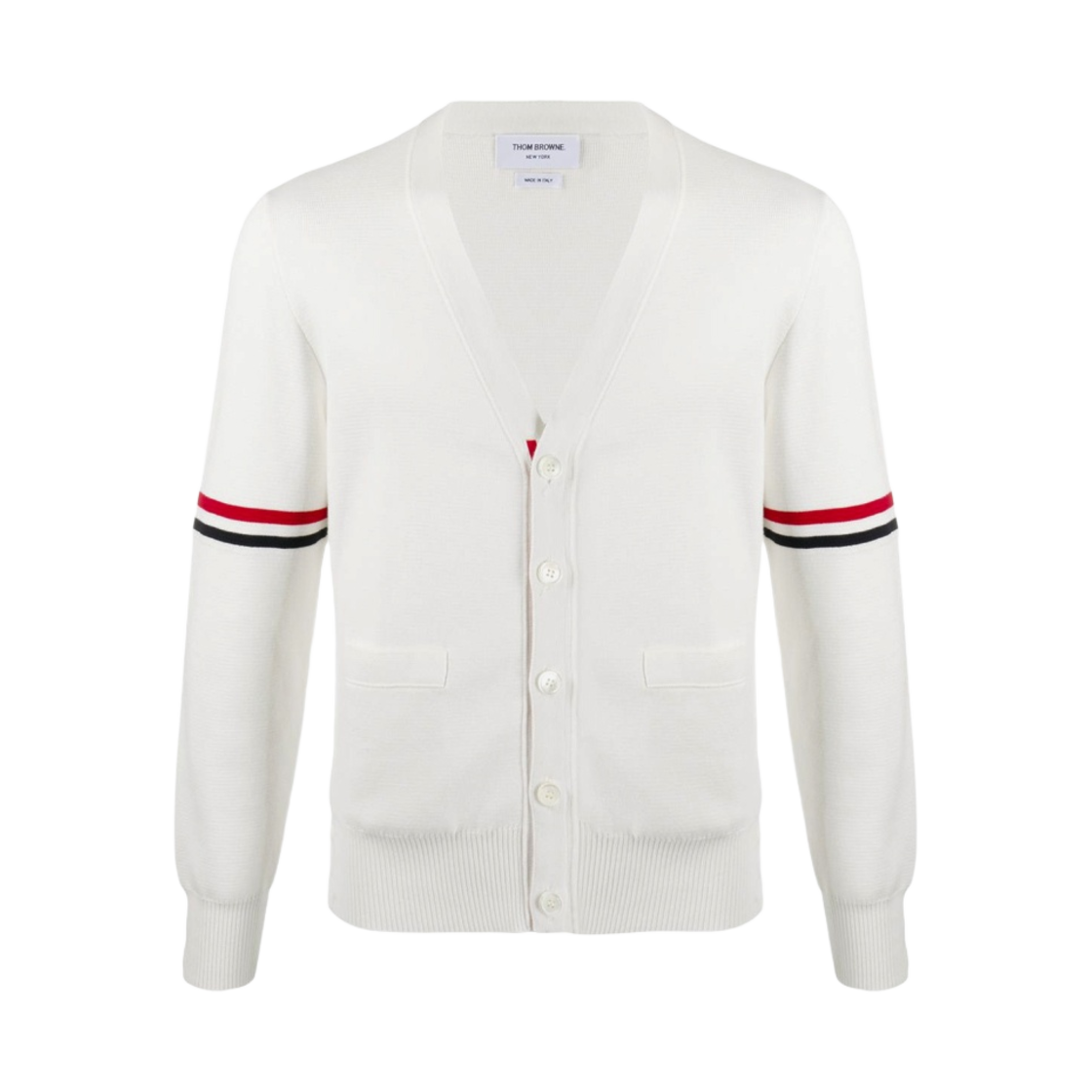 톰브라운 코튼 밀라노 스티치 스트라이프 암밴드 브이넥 가디건 화이트(Thom Browne Cotton Milano Stitch Stripe Armband V-Neck Cardigan White)
