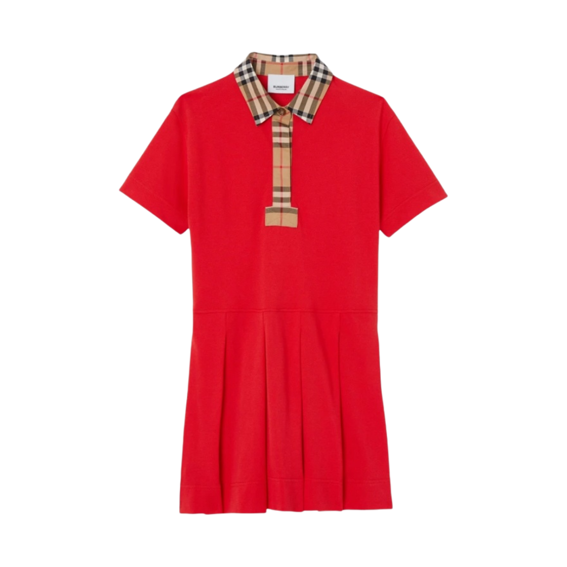 (키즈) 버버리 빈티지 체크 트리밍 코튼 폴로 셔츠 드레스 브라이트 레드((Kids) Burberry Vintage Check Trim Cotton Polo Shirt Dress Bright Red) - 1