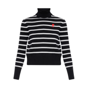 (W) AMI Striped de Coeur Turtleneck Sweater Black Off White