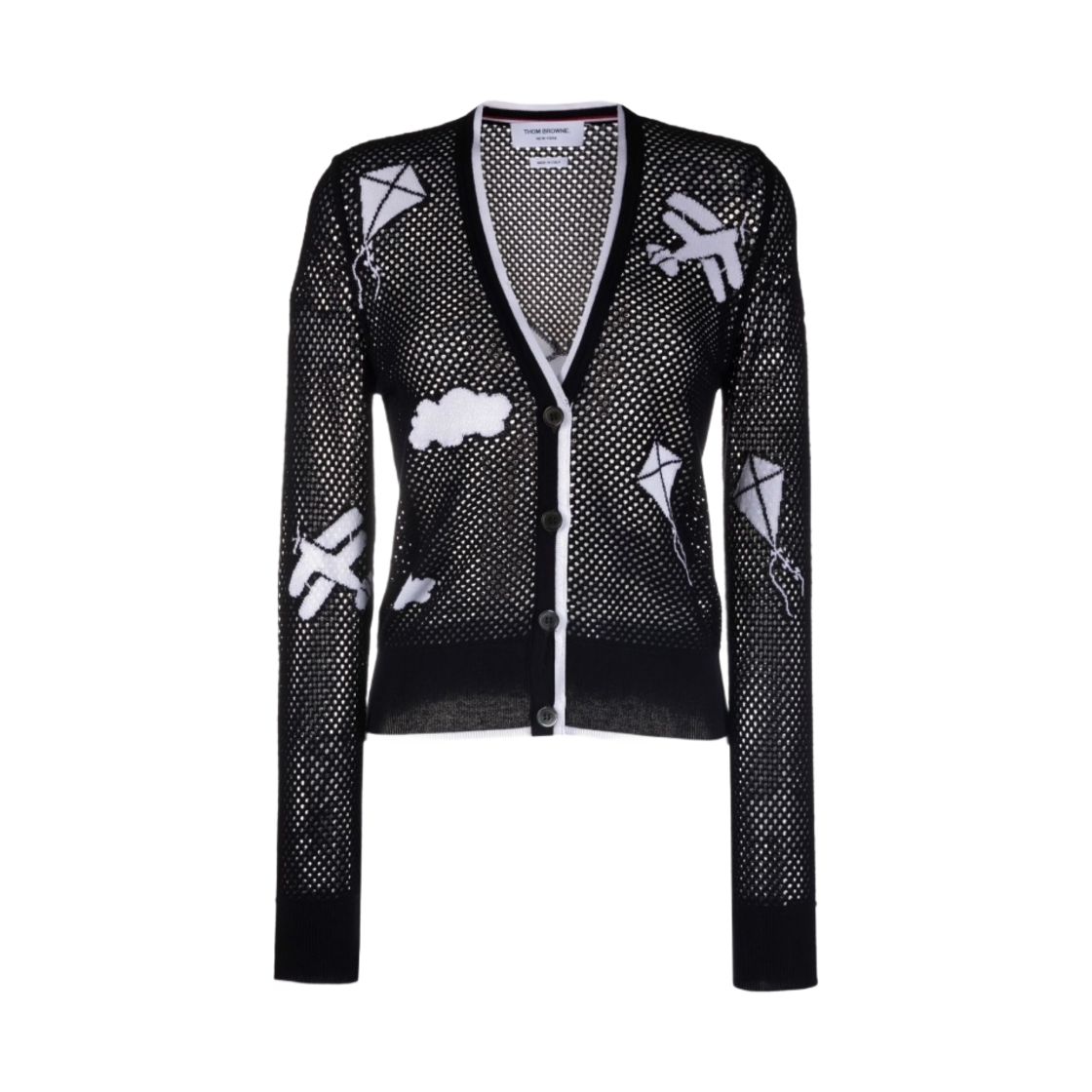 (W) 톰브라운 코튼 메쉬 스카이 아이콘 하프 드롭 인타르시아 브이넥 가디건 네이비((W) Thom Browne Cotton Mesh Sky Icon Half Drop Intarsia V-Neck Cardigan Navy) - 1