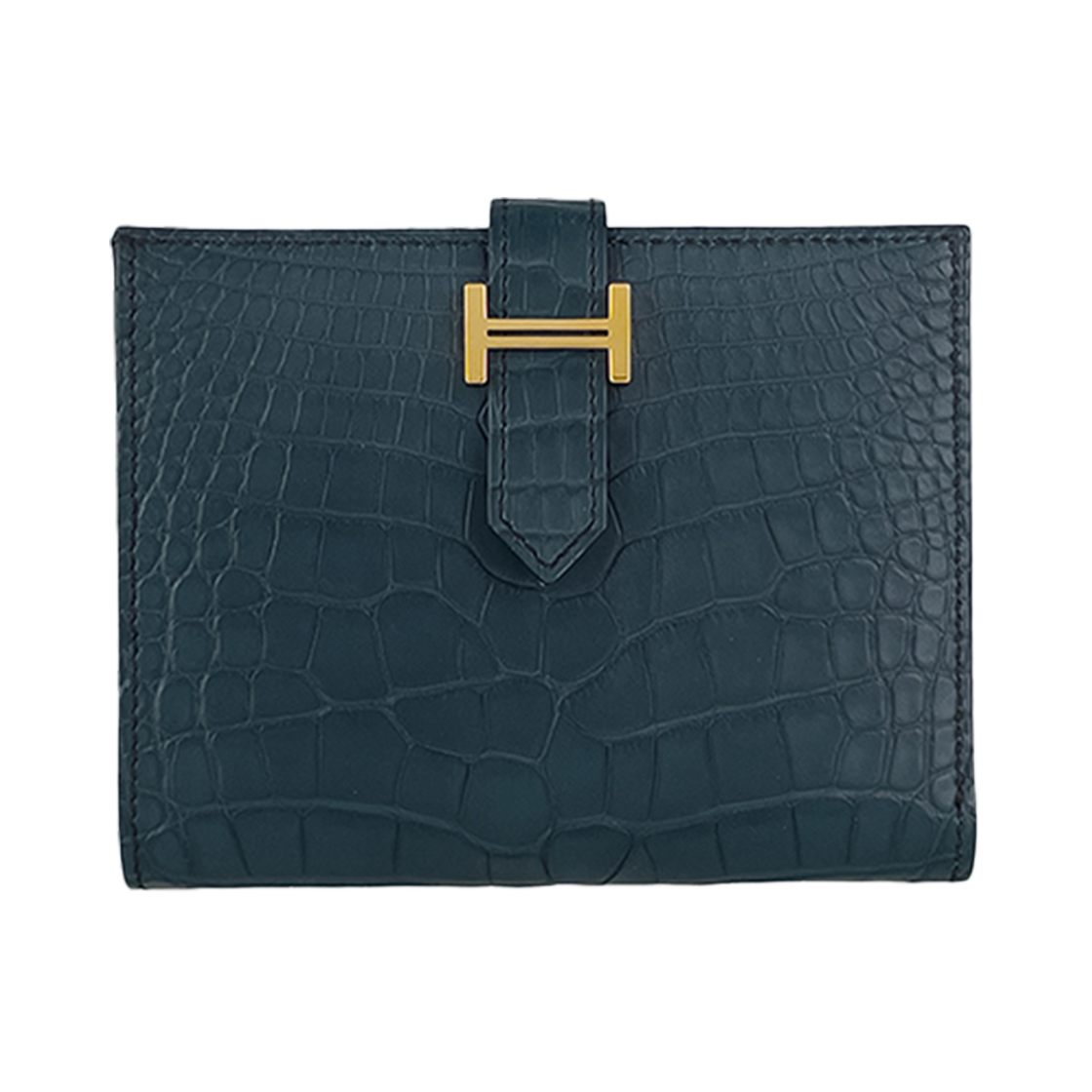IT6RJV2UGQHV Hermes Alligator Bearn Compact Wallet Vert Rousseau Gold
