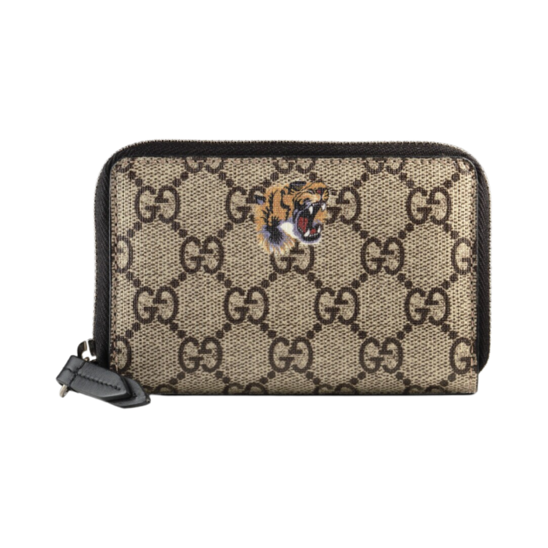 구찌 타이거 프린트 GG 슈프림 캔버스 지퍼 카드 케이스 베이지 에보니