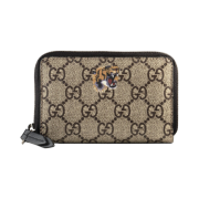 Gucci Tiger Print GG Supreme Canvas Zip Card Case Beige Ebony
