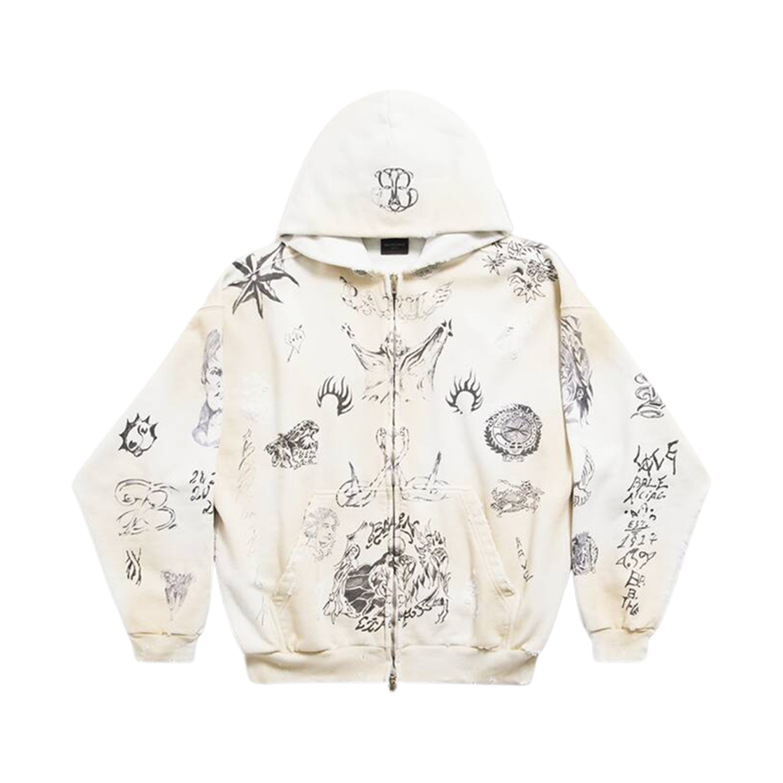 발렌시아가 타투 집업 미디움 핏 후드 오프 화이트 블랙(Balenciaga Tat Zip-Up Medium Fit Hoodie Off White Black) - 1