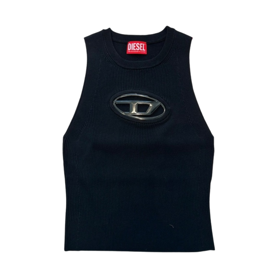 (W) 디젤 M-오네르바-탑 로고 플라크 컷아웃 니트 탑 블랙 블랙((W) Diesel M-Onerva-Top Cut-Out Knit Top with Logo Plaque Black Black)