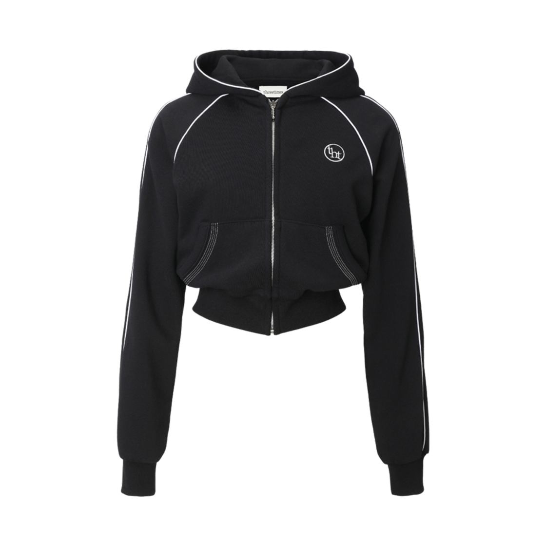 (W) 쓰리타임즈 파이핑 크롭 후드 블랙((W) Threetimes Piping Crop Hoodie Black) - 1