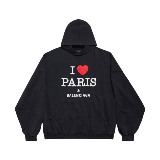 Balenciaga I Love Paris & Balenciaga Hoodie Large Fit Black Faded