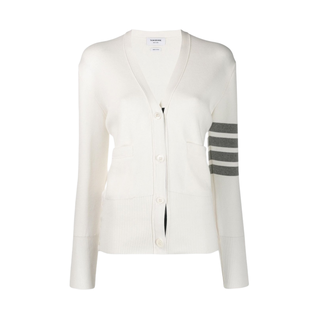 (W) 톰브라운 코튼 크레이프 밀라노 스티치 사선 가디건 화이트((W) Thom Browne Cotton Crepe Milano Stitch 4-Bar Cardigan White)
