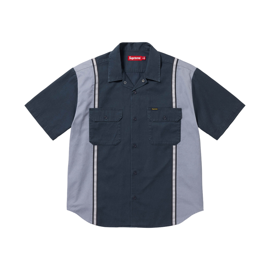 슈프림 리플렉티브 스트라이프 숏슬리브 워크 셔츠 네이비 - 25SS(Supreme Reflective Stripe S/S Work Shirt Navy - 25SS) - 1
