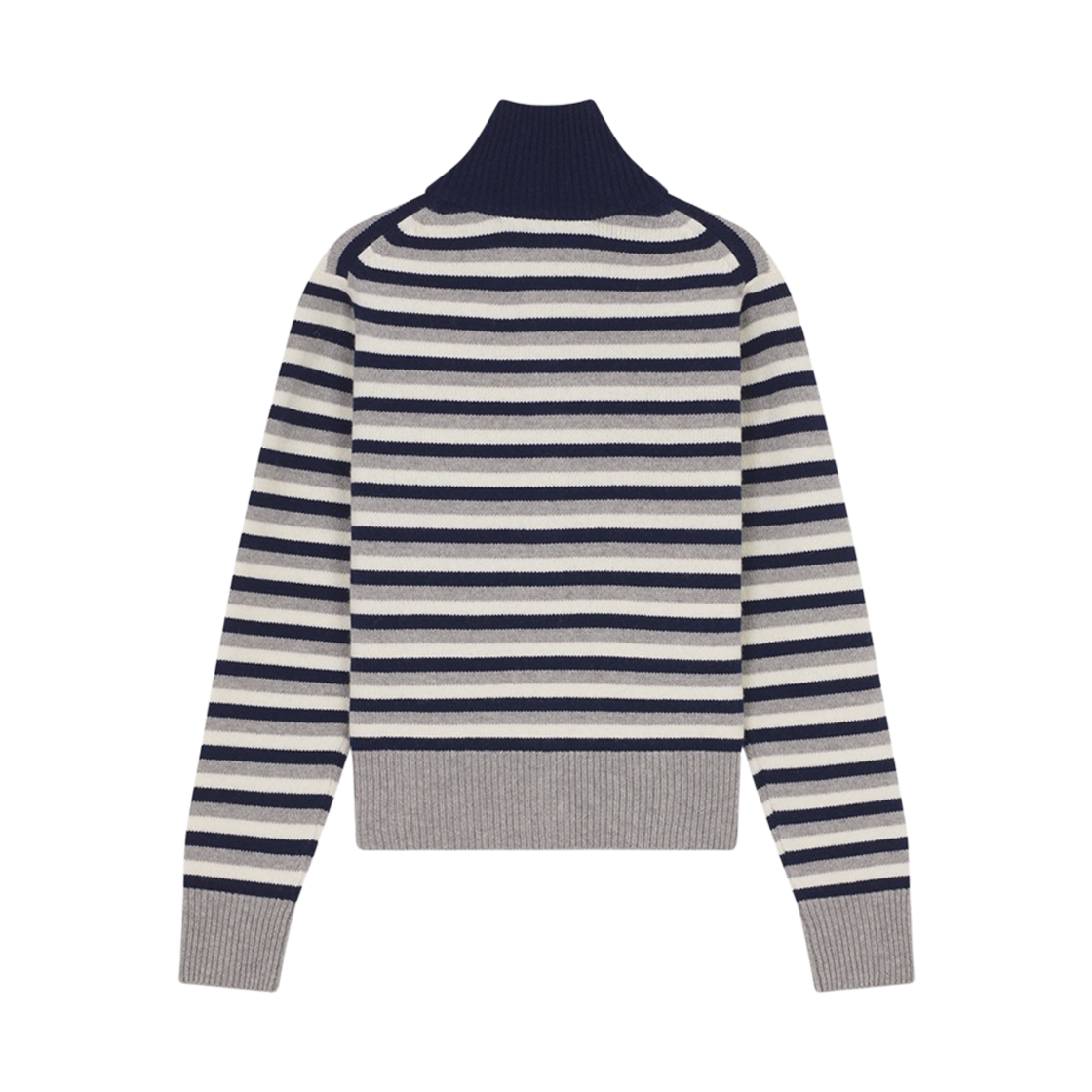 (W) 메종 키츠네 폭스 헤드 인타르시아 스트라이프 하이 넥 가디건 네이비 화이트((W) Maison Kitsune Fox Head Intarsia Striped High Neck Cardigan Navy White) - 2