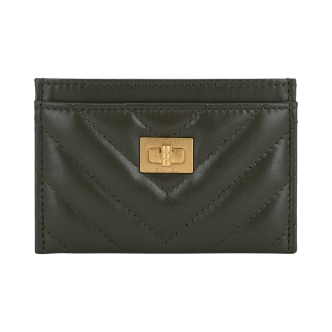 샤넬 2.55 카드 홀더 샤이니 크럼플드 카프스킨 & 골드 메탈 카키(Chanel 2.55 Card Holder Shiny Crumpled Calfskin & Gold Khaki)